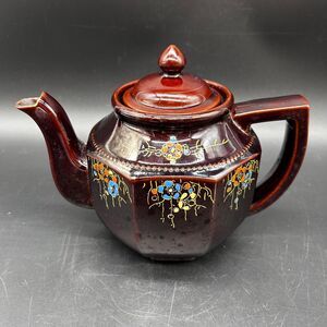 Vintage Painted Teapot Shiny Brown